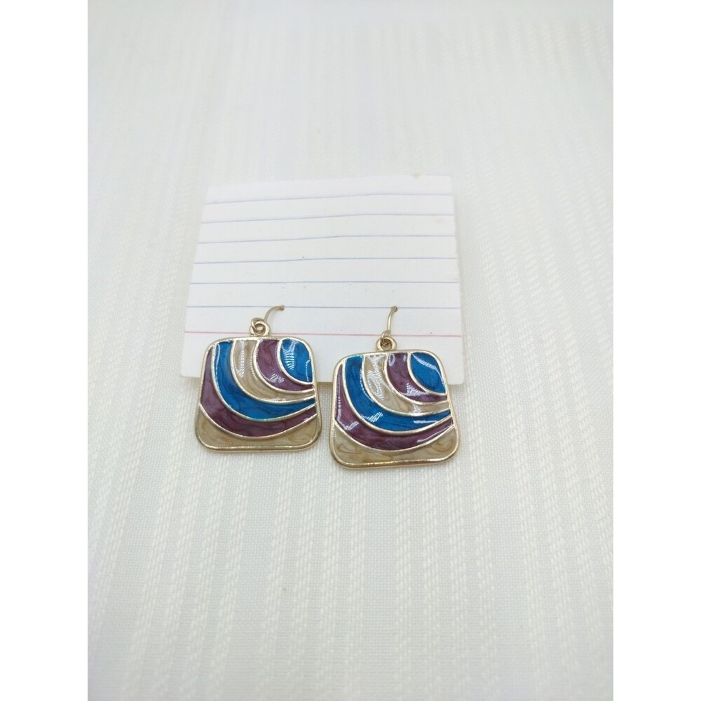 VTG 80's Gold Tone Dangle Enamel Beige Teal Claret Cloisonne MultiColor Earrings